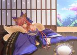  animal_ears bangs bare_shoulders blue_bow blue_kimono blue_legwear blue_sky bow breasts brown_eyes closed_mouth cloud collarbone commentary_request day eyebrows_visible_through_hair fate/extra fate_(series) floral_print flower fox_ears fox_girl fox_tail hair_between_eyes hair_bow headpiece highres indoors japanese_clothes kimono long_hair long_sleeves medium_breasts petals pink_flower pink_hair print_kimono roi_(liu_tian) sky smile solo tail tamamo_(fate)_(all) tamamo_no_mae_(fate) thighhighs tree very_long_hair wide_sleeves 