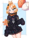  abigail_williams_(fate/grand_order) alternate_hairstyle balloon bandaid_on_forehead bangs belt black_bow black_jacket blonde_hair blue_background blue_eyes blush border bow commentary fate/grand_order fate_(series) forehead hair_bow hair_bun heroic_spirit_traveling_outfit high_collar highres holding holding_stuffed_animal jacket kaon_(kaon_ll) long_hair looking_at_viewer open_mouth orange_bow parted_bangs polka_dot polka_dot_bow simple_background sleeves_past_fingers sleeves_past_wrists solo stuffed_animal stuffed_toy teddy_bear thighs white_border 