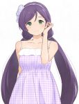  blush collarbone dress earrings eyebrows_visible_through_hair flower green_eyes hair_flower hair_ornament hair_tucking hairband jewelry long_hair looking_at_viewer love_live! love_live!_school_idol_project plaid plaid_dress purple_hair shibasaki_shouji simple_background smile solo spaghetti_strap toujou_nozomi twintails unmoving_pattern upper_body very_long_hair white_background 