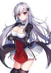  arm_under_breasts azur_lane bangs black_gloves black_jacket blush breast_hold breasts butterfly_hair_ornament cleavage closed_mouth dress dunkerque_(azur_lane) eyebrows_visible_through_hair gejigejier gloves hair_ornament head_tilt jacket juliet_sleeves long_hair long_sleeves looking_at_viewer medium_breasts puffy_sleeves purple_eyes sidelocks silver_hair simple_background sleeves_past_wrists solo very_long_hair white_background white_dress 