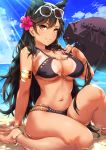  animal_ears anklet arm_support armlet artist_name atago_(azur_lane) azur_lane bangs barefoot beach beach_umbrella bikini bikini_tug black_bikini black_hair black_umbrella blush bracelet breasts brown_eyes cleavage_cutout cloud collarbone commentary_request day earrings extra_ears eyebrows_visible_through_hair eyewear_on_head flower grin hair_flower hair_ornament highres hoop_earrings jewelry knee_up large_breasts long_hair looking_at_viewer mole mole_under_eye nail_polish navel outdoors parted_lips partially_submerged red_nails ribbon sakiyamama signature sitting skindentation smile solo sparkle stomach strap_pull sunglasses sunlight swept_bangs swimsuit tan tanline thighs umbrella wet white-framed_eyewear 