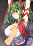  arms_up bangs bare_shoulders blush breast_grab breasts brick_wall camisole clenched_teeth commentary_request cutoffs denim denim_shorts disembodied_limb dragon_girl dragon_horns dragon_wings eyebrows_visible_through_hair facial_mark fur_trim grabbing green_eyes green_hair groin hair_between_eyes horns huge_breasts kasuka_(kusuki) long_hair midriff nose_blush original pointy_ears red_vest scowl short_shorts shorts sidelocks solo_focus spaghetti_strap tears teeth translation_request two_side_up upper_body v-shaped_eyebrows vest wings 