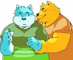  2017 anthro arufina_w blue_fur blush canine clothing duo eyes_closed fur humanoid_hands male mammal overweight overweight_male shirt simple_background white_background wolf yellow_fur 