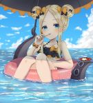  abigail_williams_(fate/grand_order) afloat bangs bao_(s_888) bare_arms bare_legs bare_shoulders barefoot bikini black_bikini black_bow black_umbrella blonde_hair blue_eyes blue_sky blueberry blush bow closed_mouth cloud collarbone commentary day double_bun emerald_float eyebrows_visible_through_hair fate/grand_order fate_(series) fingernails food fork fork_in_mouth fruit hair_bow head_tilt highres holding holding_fork horizon long_hair looking_at_viewer ocean orange_bow orange_scrunchie outdoors pancake parted_bangs plate polka_dot polka_dot_bow scrunchie side_bun sidelocks sky solo suction_cups swimsuit tentacles transparent umbrella water wrist_scrunchie 