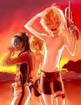  3boys backlighting beach billy_the_kid_(fate/grand_order) black_hair dark_skin eyes_closed fate/grand_order fate_(series) geronimo_(fate/grand_order) long_hair male_focus multiple_boys native_american navel nipples open_mouth outdoors robin_hood_(fate) shirtless smile sunset water water_gun 