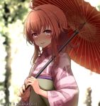  ahoge alternate_costume arashi_(kantai_collection) backlighting bangs blurry blurry_background blush bright_pupils commentary_request dated eyebrows_visible_through_hair highres holding holding_umbrella japanese_clothes kantai_collection kimono long_hair long_sleeves nose_blush nuka_(nvkka) obi oriental_umbrella outdoors parted_lips ponytail print_kimono purple_eyes purple_kimono red_hair sash shiny shiny_hair sidelocks solo twitter_username umbrella upper_body wide_sleeves 