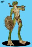  amphibian anthro axe clothed clothing dart frog green_skin holding_object holding_weapon leather_clothes leg_strap long_legs male melee_weapon shield simple_background skinny solo speedo swimsuit topless weapon wicker_shield 