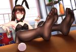 &gt;:( animal_ears black_eyes bow bowtie brown_hair brown_legwear bunny_ears bunny_girl bunny_tail bunnysuit clenched_teeth damao_yu detached_collar drink fake_animal_ears feet feet_on_table flag_print frown gesugao glaring highres long_hair looking_at_viewer no_shoes original pantyhose pillow pocket_watch print_pillow scowl soles tail tail_removed teeth toes union_jack v-shaped_eyebrows watch wrist_cuffs 