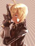  1boy billy_the_kid_(fate/grand_order) blonde_hair blue_eyes expressionless fate/grand_order fate_(series) gloves gun handgun jacket kbtmsboy male_focus revolver solo weapon 