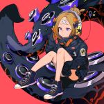  abigail_williams_(fate/grand_order) alternate_hairstyle bandaid_on_forehead bangs belt black_bow black_footwear black_jacket blonde_hair blue_eyes bow cable commentary_request fate/grand_order fate_(series) forehead hair_bow hair_bun headphones heroic_spirit_traveling_outfit high_collar holding holding_stuffed_animal jacket knees_up legs long_hair long_legs looking_at_viewer newo_(shinra-p) orange_bow parted_bangs polka_dot polka_dot_bow red_background shoes simple_background sitting sleeves_past_fingers sleeves_past_wrists sneakers solo speaker stuffed_animal stuffed_toy teddy_bear tentacles thighs 