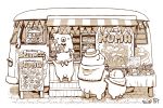  baguette bear bow bowtie bread chef_hat food greyscale ground_vehicle hat looking_at_another menu_board monochrome motor_vehicle no_humans original st.kuma table translated van 