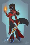  2017 anthro big_breasts bonk breasts brown_hair canine claws clothed clothing cosplay digital_media_(artwork) dog female fire hair hindpaw holding_object holding_weapon legwear looking_at_viewer mammal melee_weapon mox_sapphire open_mouth paws sherri_mayim simple_background smile solo standing sword video_games warcraft weapon 