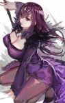  aoin bangs breasts cleavage commentary_request covered_nipples dress eyebrows_visible_through_hair fate/grand_order fate_(series) fur_trim hair_between_eyes highres holding holding_wand jewelry kneeling large_breasts long_hair pantyhose purple_dress purple_hair red_eyes scathach_(fate)_(all) scathach_skadi_(fate/grand_order) sitting solo tiara wand 