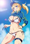  ahoge artoria_pendragon_(all) bangs baseball_cap bikini blonde_hair blue_eyes blue_hat blue_sky blush breasts cleavage commentary_request day fate/grand_order fate_(series) hair_between_eyes hair_through_headwear hand_on_hip hat hera_(hara0742) highres hips large_breasts long_hair looking_at_viewer mysterious_heroine_xx_(foreigner) navel open_mouth ponytail shrug_(clothing) sky smile solo_focus sun sunlight swimsuit thighs untied_bikini_bottom white_bikini wristband 