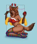  2017 5_fingers anthro big_breasts biped blue_background boa_(clothing) bra breasts brown_eyes brown_fur brown_hair brown_nose brown_spots brown_tail butt butt_pose candy candy_cane christmas christmas_bauble christmas_lights christmas_ornament cleavage clothed clothing compression_artifacts digital_drawing_(artwork) digital_media_(artwork) eyelashes fake_antlers fake_horns female fluffy fluffy_tail food full-length_portrait fur green_stripes hair holding_food holding_object holidays humanoid_hands hyena inner_ear_fluff kneeling legwear lighting lingerie long_hair looking_back mahaila_(was1) mammal midriff panties pinup plantigrade portrait pose q-nik red_stripes shadow side_view signature simple_background skimpy smile snout snow socks solo spots spotted_fur spotted_hyena striped_legwear striped_socks stripes thigh_socks underwear 