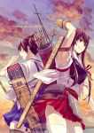  aircraft airplane akagi_(kantai_collection) archery arm_up armpits arrow back-to-back bangs blue_skirt bow_(weapon) brown_eyes brown_hair cloud deviantart_username dusk flight_deck gloves hakama_skirt japanese_clothes kaga_(kantai_collection) kantai_collection kyouran_de_onikoushi kyuudou long_hair multiple_girls muneate open_mouth partly_fingerless_gloves pleated_skirt quiver red_skirt rigging side_ponytail single_glove skirt sky straight_hair tasuki thighhighs thighs weapon white_legwear yugake 