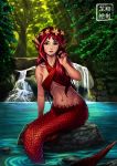  breasts commentary criss-cross_halter day english_commentary fantasy flower flower_wreath forest green_eyes hair_flower hair_ornament halterneck head_fins highres long_hair mermaid monster_girl nature navel original red_hair ryu_shou scales solo underboob water waterfall 