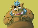  0ottotto0 2018 anthro belly blush boar brown_fur fur gouryou humanoid_hands male mammal mohawk moobs overweight overweight_male porcine simple_background solo tokyo_afterschool_summoners tusks yellow_background 