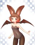  absurdres alternate_costume animal_ears bare_arms bare_shoulders bat_ears bat_wings blush brown_hair brown_long-eared_bat_(kemono_friends) bunnysuit collarbone commentary_request cowboy_shot fang highres kemono_friends leotard multicolored_hair ninayukisan open_mouth orange_hair pantyhose short_hair solo strapless strapless_leotard wings 