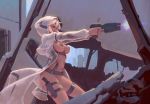  bangs belt bigrbear breasts building cityscape commentary convenient_leg cowboy_shot dark_skin english_commentary firing green_eyes gun highres holding holding_weapon knife knife_holster machine_pistol navel nipples no_bra no_panties original outdoors ruins science_fiction sheer_clothes sky solo tan thigh_strap underbust weapon white_hair wreckage 