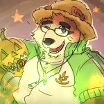  2017 anthro bear blush brown_fur candy clothed clothing eyewear food fruit fur glasses hat male mammal nikunabe1989 one_eye_closed pumpkin slightly_chubby solo straw_hat tokyo_afterschool_summoners volos wink 