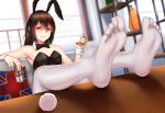  &gt;:( animal_ears black_eyes bow bowtie brown_hair bunny_ears bunny_girl bunny_tail bunnysuit clenched_teeth damao_yu detached_collar drink fake_animal_ears feet feet_on_table flag_print frown gesugao glaring highres long_hair looking_at_viewer no_shoes original pantyhose pillow pocket_watch print_pillow scowl soles tail tail_removed teeth toes union_jack v-shaped_eyebrows watch white_legwear wrist_cuffs 
