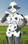  2018 anthro bedroom_eyes big_breasts biped blue_eyes bodysuit bovine breasts buffbumblebee_(artist) cattle clothed clothing cowbell detailed_background digital_drawing_(artwork) digital_media_(artwork) eyebrows eyelashes female front_view frown fur gloves grass hair half-closed_eyes hi_res horn legwear mammal milk outside rubber seductive shiny short_hair skinsuit sky smile solo standing thick_thighs tight_clothing voluptuous 
