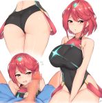  1girl ass bangs bare_shoulders blush boxers boxers_pull breasts censored commentary covered_collarbone earrings eyebrows_visible_through_hair gem hair_ornament heart homura_(xenoblade_2) imminent_fellatio jewelry kuavera large_breasts looking_at_viewer mosaic_censoring one-piece_swimsuit open_mouth penis red_eyes red_hair short_hair simple_background sitting suspenders swept_bangs swimsuit symbol-shaped_pupils tiara underwear white_background xenoblade_(series) xenoblade_2 