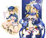  ahoge artoria_pendragon_(all) bikini blonde_hair blue_eyes blush breasts cleavage commentary_request curry curry_rice eating fate/grand_order fate_(series) food hair_through_headwear hat mecha_musume medium_breasts mysterious_heroine_xx_(foreigner) navel open_mouth ponytail rice round_teeth sandals scarf shinozuka_atsuto shrug_(clothing) sitting solo swimsuit teeth thighlet translation_request white_bikini 