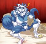  ! 2017 4_toes 5_fingers abs anthro balls bed_sheet bedding biceps big_breasts blue_hair blue_nose breasts canine caught clothing crossgender darkstalkers digitigrade edit eyebrows female gloves_(marking) hair half-erect holding_object humanoid_penis hungothenomster jon_talbain loincloth looking_at_viewer male mammal mane markings multicolored_hair muscular muscular_male nipples nude penis penis_tip sharp_teeth sitting socks_(marking) solo teeth toes two_tone_hair uncut video_games were werewolf white_hair white_penis yellow_eyes 