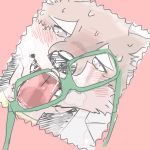  2017 anthro bear blush eyewear fur glasses jambavan licking male mammal nikunabe1989 pink_background pink_fur simple_background solo sweat tokyo_afterschool_summoners tongue tongue_out 