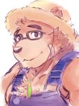  2017 anthro bear brown_fur clothing episode0006 eyewear fur glasses hat male mammal overalls simple_background slightly_chubby solo straw_hat tokyo_afterschool_summoners volos white_background 