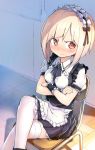  blonde_hair blush chair commentary_request crossed_arms crossed_legs embarrassed frown highres looking_to_the_side magenta_(atyana) maid maid_headdress original short_hair sitting solo thighhighs white_legwear wristband yellow_eyes zettai_ryouiki 