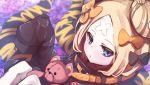  abigail_williams_(fate/grand_order) bad_id bad_twitter_id bangs black_bow black_jacket blonde_hair blue_eyes blurry blurry_background blush bow closed_mouth collarbone crossed_bandaids depth_of_field fate/grand_order fate_(series) hair_bow hair_bun hand_up heroic_spirit_traveling_outfit jacket knees_up long_hair long_sleeves orange_bow parted_bangs polka_dot polka_dot_bow sitting sleeves_past_fingers sleeves_past_wrists solo stuffed_animal stuffed_toy teddy_bear tentacles wada_kazu 