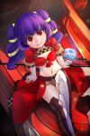  alternate_costume belt car closed_mouth commentary commission english_commentary fire_emblem fire_emblem:_seima_no_kouseki ground_vehicle highres mamkute midriff miya_(pixiv15283026) motor_vehicle multi-tied_hair myrrh navel purple_hair race_queen red_eyes short_shorts short_sleeves shorts sitting smile solo twintails 