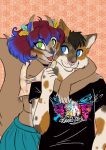  2018 5_fingers anthro anthro_on_anthro arm_grab biped black_clothing black_hair black_topwear blue_bottomwear blue_clothing blue_eyes blue_hair blue_nose brown_fur brown_markings brown_spots brown_tail calico_cat cat chain choker clothed clothing crop_top cute digital_drawing_(artwork) digital_media_(artwork) duo ear_tuft embrace eye_markings eyelashes facial_markings feline female flat_texture front_view fur green_eyes hair half-length_portrait hi_res hug hugging_from_behind humanoid_hands long_tail looking_at_another looking_at_partner looking_up male male/female mammal markings midriff multicolored_fur multicolored_hair muzzle_scabs open_mouth open_smile orange_fur orange_markings orange_spots pattern_background pink_background pink_nose portrait purple_hair q-nik q-nik_(fursona) rodent shirt short_hair simple_background skirt smile snout spots spotted_fur squirrel t-shirt tan_fur tuft two_tone_fur two_tone_hair white_fur 