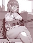  amplifier bangs blurry blurry_background blush breasts cable choker cleavage closed_eyes collarbone commentary covered_nipples crossed_legs cutoffs depth_of_field earrings electric_guitar fang guitar instrument jacket jewelry lactation lactation_through_clothes large_breasts legs medium_hair monochrome noripachi off_shoulder open_mouth original parted_lips see-through_silhouette shirt short_shorts shorts sitting solo stud_earrings sweat tank_top wet wet_clothes wet_shirt 