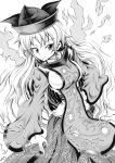  breasts comic cowboy_shot detached_sleeves greyscale hand_on_hip hat hidefu_kitayan large_breasts long_hair looking_at_viewer matara_okina monochrome simple_background skirt smile solo tabard touhou very_long_hair 