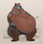  2017 bear bed belly belly_fondling belly_jiggle big_belly bjorn_(sturattyfur) boxer_briefs brown_fur claws clothing english_text eyes_closed fur male mammal mangoicy markings obese on_bed overweight overweight_male sitting smile solo text underwear 
