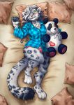  &lt;3 4_toes 5_fingers anthro bed black_lips clothe clothed clothing detailed_background digital_media_(artwork) feline female fur green_eyes grey_fur leopard lying mammal on_back on_bed snow_leopard solo tasanko teeth toes under_covers 