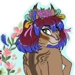  2018 anthro biped blue_hair blue_nose brown_markings bust_portrait digital_drawing_(artwork) digital_media_(artwork) ear_tuft eye_markings eyelashes facial_markings feathers female flower flower_crown fur green_eyes hair hair_ribbon icon looking_at_viewer looking_back loose_feather mammal markings multicolored_fur nude outline plant portrait purple_hair q-nik q-nik_(fursona) rear_view ribbons rodent short_hair simple_background smile snout solo squirrel tan_fur tattoo tuft two_tone_fur white_background 