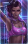  absurdres armband asymmetrical_hair breasts choker cleavage dark_skin eyelashes eyeliner gloves heart highres hongagany light_smile lipstick looking_at_viewer makeup medium_breasts midriff nose overwatch purple purple_lips purple_lipstick skull_print solo sombra_(overwatch) sports_bra towel undercut 