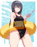  black_hair black_swimsuit blue_background book brown_eyes competition_swimsuit covered_navel from_below girls_und_panzer hairband highres innertube long_hair looking_at_viewer nakamura_yukitoshi one-piece_swimsuit reizei_mako solo swimsuit white_hairband 