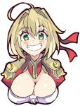  ahoge bangs blonde_hair blush breasts cleavage commentary_request enpe epaulettes fate/extra fate_(series) gold_trim green_eyes grin hair_between_eyes hair_intakes hair_ribbon large_breasts looking_at_viewer nero_claudius_(fate) nero_claudius_(fate)_(all) red_ribbon ribbon simple_background smile solo teeth upper_body white_background 