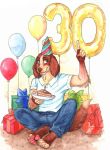  2018 4_toes 5_fingers anthro arm_tuft balloon barefoot biped birthday birthday_cake blue_bottomwear blue_clothing blue_eyes brown_claws brown_fur brown_nose brown_tail bulge cake candle canine claws clothed clothing countershade_torso countershading dipstick_tail dog dress_shirt elbow_tufts fingerless_(marking) fire floppy_ears food front_view full-length_portrait fur gift gloves_(marking) hat heterochromia hind_dog_(hind) hindpaw holding_object humanoid_hands jeans looking_aside looking_away male mammal markings multicolored_fur multicolored_tail on_ground pants party_hat pawpads paws pink_pawpads plate pointing portrait q-nik red_eyes ribbons shirt simple_background sitting smile snout solo spaniel springer_spaniel tan_countershading tan_fur tan_tail toe_claws toeless_(marking) toes traditional_media_(artwork) tuft two_tone_fur two_tone_tail welsh_springer_spaniel white_background white_clothing white_topwear 