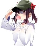  bow brown_eyes brown_hair bubble_blowing byte_(allbyte) chewing_gum hat hat_tip highres long_sleeves original red_bow shirt solo t-shirt twintails white_shirt 