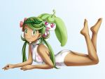  ass bangs barefoot casual_one-piece_swimsuit dark_skin floral_print flower full_body green_eyes green_hair green_hairband grey_background hair_flower hair_ornament hairband highres long_hair lying mao_(pokemon) on_stomach one-piece_swimsuit parted_bangs pokemon pokemon_(creature) pokemon_(game) pokemon_sm print_swimsuit red_flower soles solo steenee swimsuit tamamon the_pose twintails white_swimsuit 