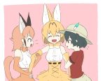  animal_ears arm_grab bare_shoulders black_hair border caracal_(kemono_friends) closed_eyes commentary flat_color flying_sweatdrops hat_feather helmet high-waist_skirt highres jealous kaban_(kemono_friends) kemono_friends love_triangle multiple_girls nervous_smile open_mouth outside_border pink_background pith_helmet print_neckwear purple_eyes red_shirt scorpion_(js60216) serval_(kemono_friends) serval_ears serval_print serval_tail shirt shirt_tucked_in short_hair shorts simple_background skirt tail wavy_mouth white_border yuri 