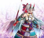  armor bow breasts commentary detached_sleeves fate/grand_order fate_(series) gloves hair_bow highres japanese_armor katana kote kusazuri large_breasts light_smile long_hair looking_at_viewer oni_horns polearm red_eyes sideboob silver_hair solo spear sword tomoe_gozen_(fate/grand_order) tsujieiri very_long_hair weapon 