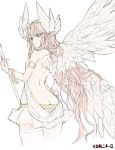  absurdres armlet artist_name ass back bare_back bracelet breasts butt_crack circe_(fate/grand_order) fate/grand_order fate_(series) feathered_wings green_eyes head_wings highres hips jewelry kuronuko_neero long_hair looking_back miniskirt pink_hair pointy_ears serious skirt solo thighhighs very_long_hair wings 
